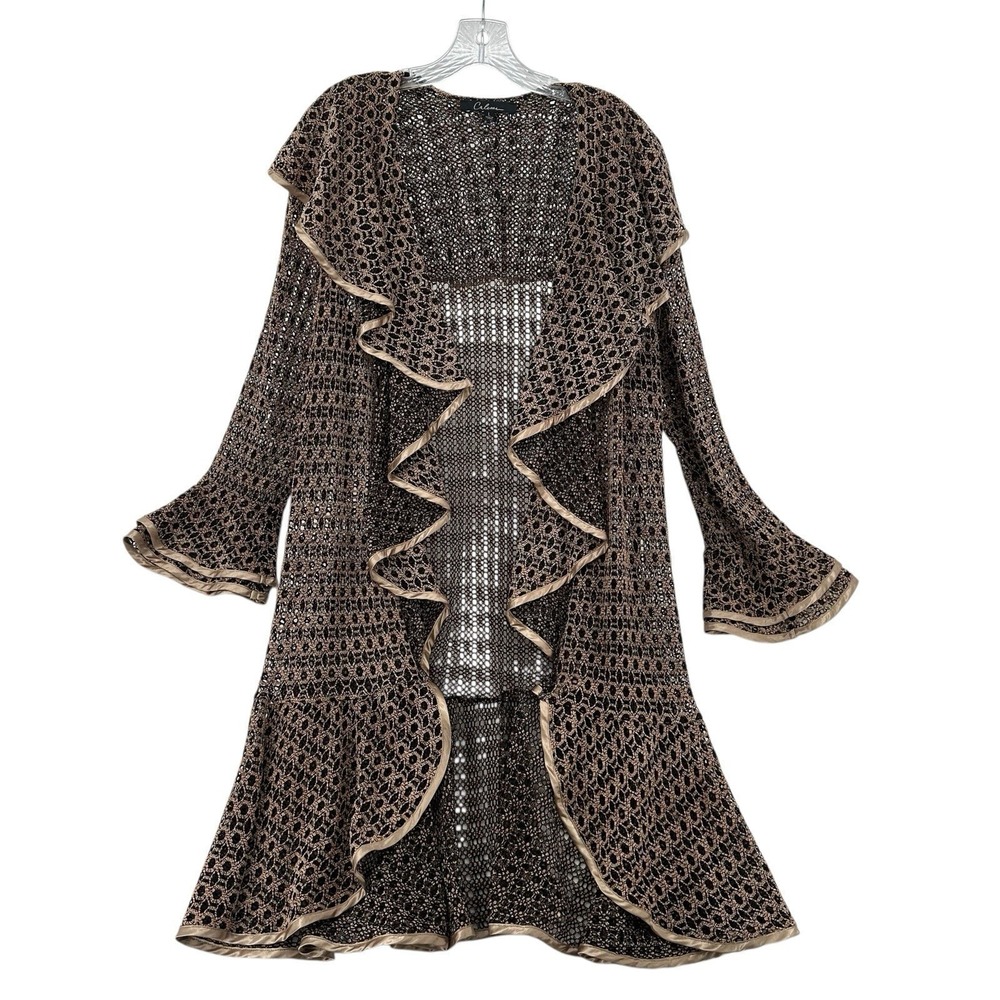 Calessa Women Size L Bronze Black Open Knit Ruffle Front Cardigan Bell Sleeve